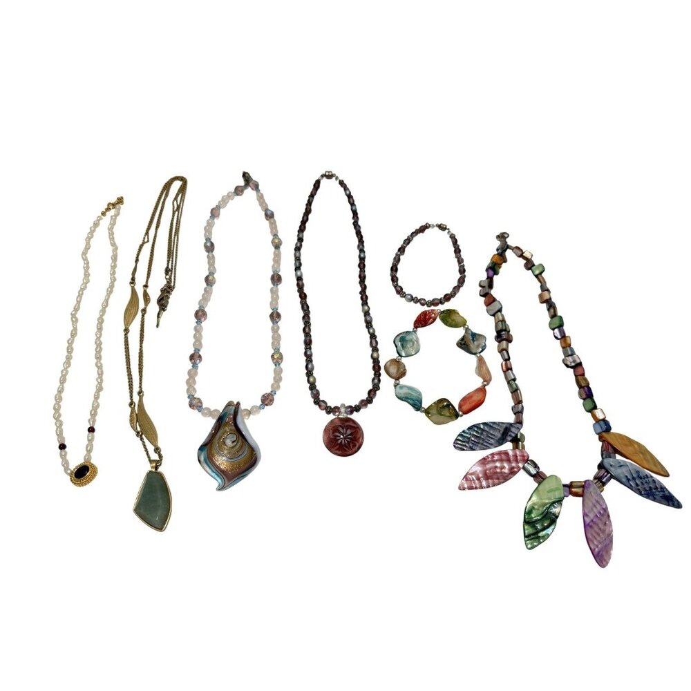 Vintage Estate Necklace Bracelet Lot of 7 Gold Tone Mixed Material & Styles